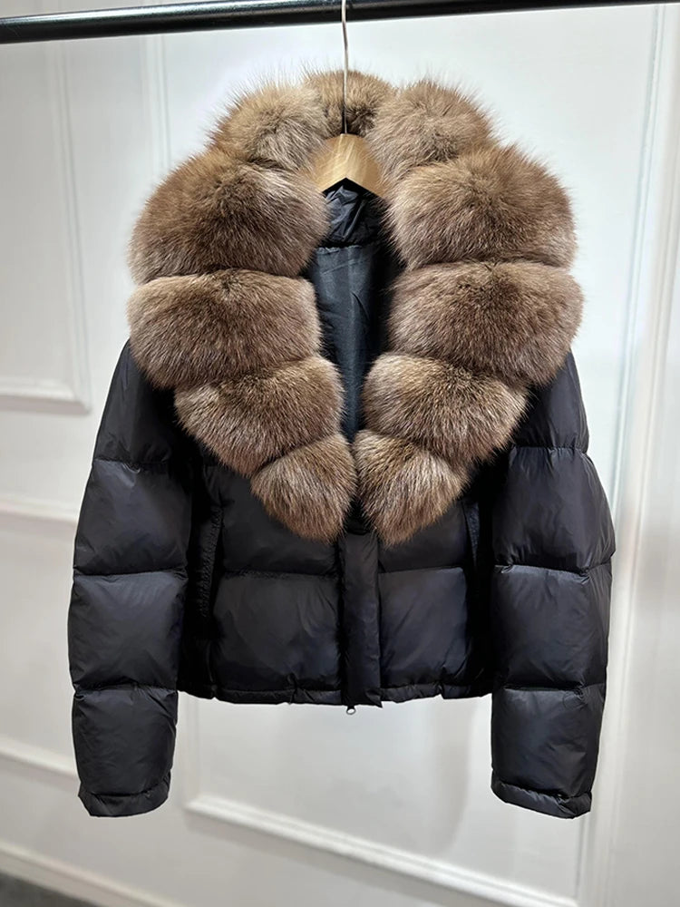Lagabogy 2025 Abrigo casual cálido de mujer, parka de plumón, abrigo de lujo con cuello de piel de zorro natural, chaqueta de plumón de pato blanco para mujer
