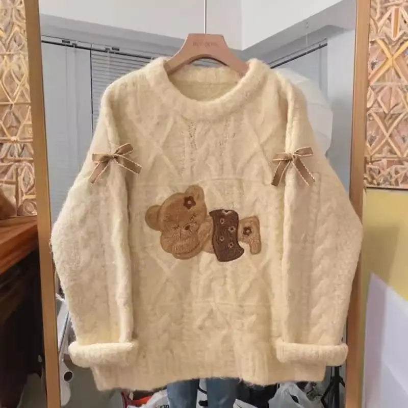 Otoño Invierno Mujer Dulce Chica Coreana Suéter Abrigado con Escote Bardot, Jerséis de Manga Larga, Estilo Y2K, Mori Girl, Acogedor y Lindo