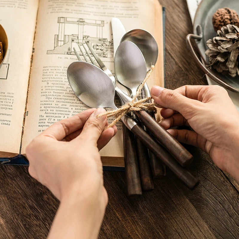 Retro Wooden Handle Dinner Knife Fork and Spoon Set
