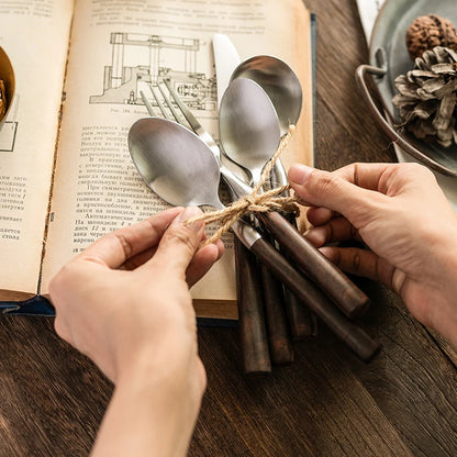 Retro Wooden Handle Dinner Knife Fork and Spoon Set