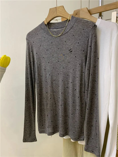 Minimalist round Neck Polka Dot Long Sleeve T-shirt