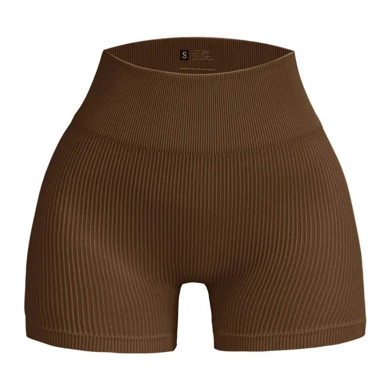 Pantalones cortos de punto acanalados para mujer, shorts de yoga sin costuras, shorts elásticos de cintura alta, shorts sexys para realzar la cadera, pantalones de tres cuartos para ciclismo y running.