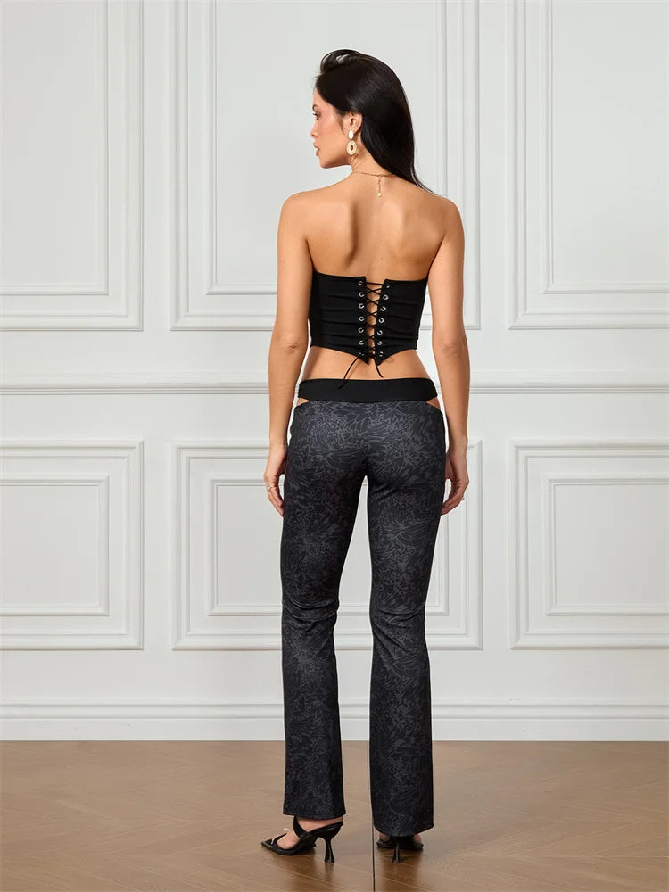 Conjunto de top corsé sin mangas calado con lazo + Pantalones ajustados con aberturas