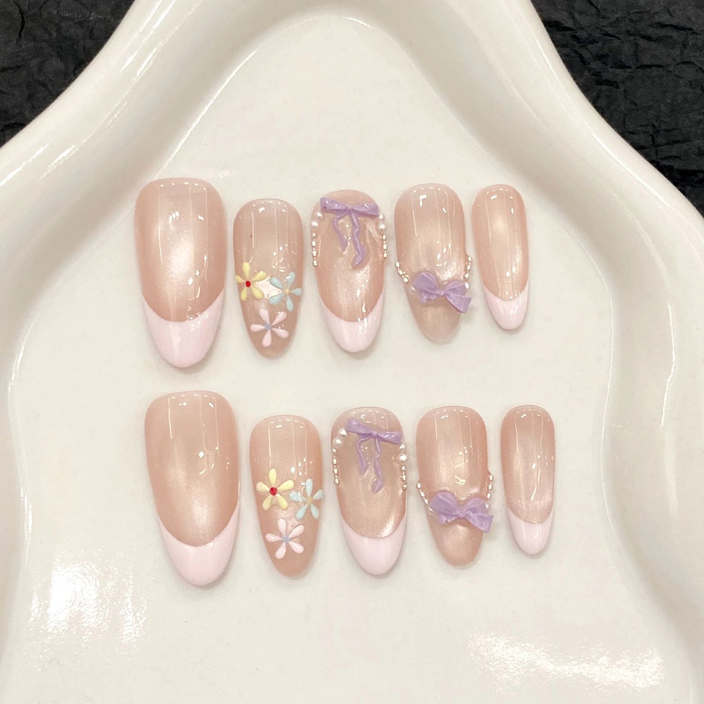 10 uñas postizas hechas a mano con ojo de gato francés, lazo rosa