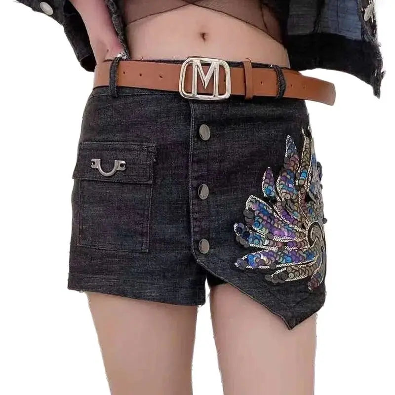 Sequin Denim Short Skirt