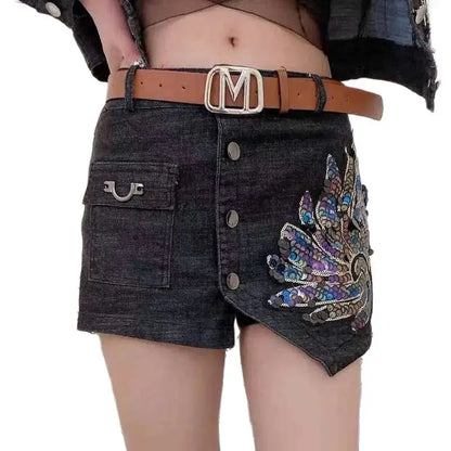 Sequin Denim Short Skirt