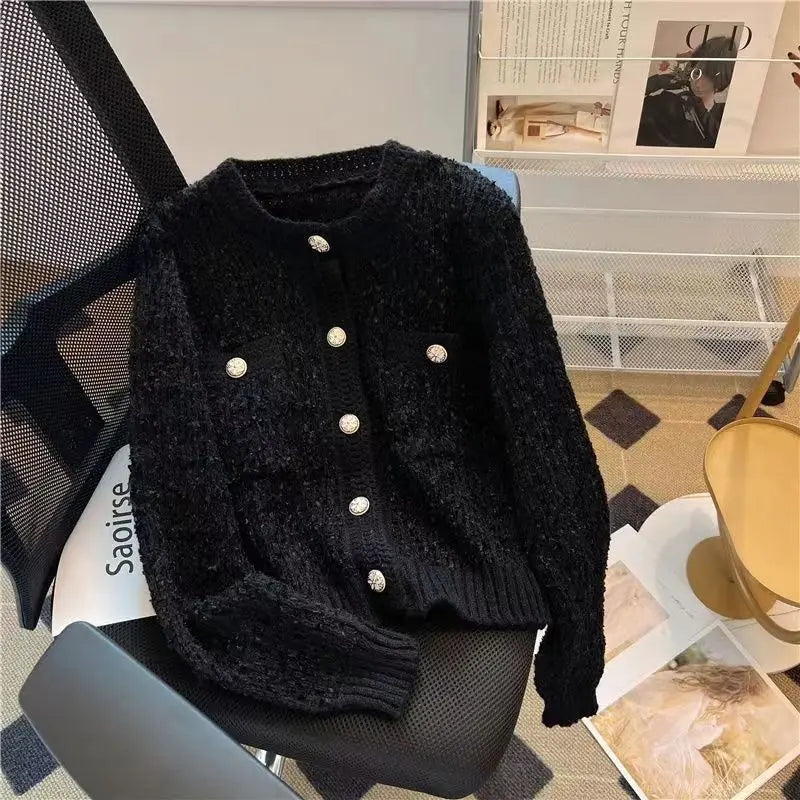 Cárdigan de punto grueso de manga larga para mujer, cuello redondo, un solo botón, Otoño-Invierno 2025, Moda Coreana