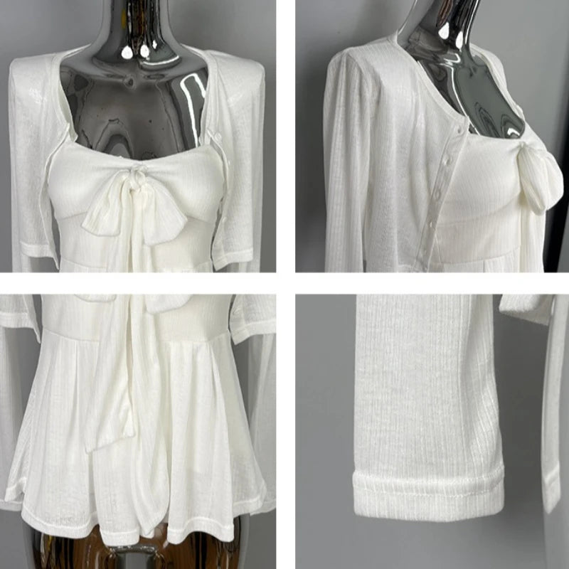 Conjunto de top de tirantes con lazo y cárdigan corto liso elegante