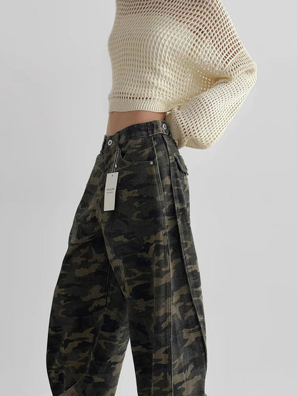 UCXQ Pantalones de camuflaje de estilo coreano otoño invierno para mujer, jeans de pierna ancha de cintura alta con bolsillos, pantalones sueltos que combinan con todo 23Z484
