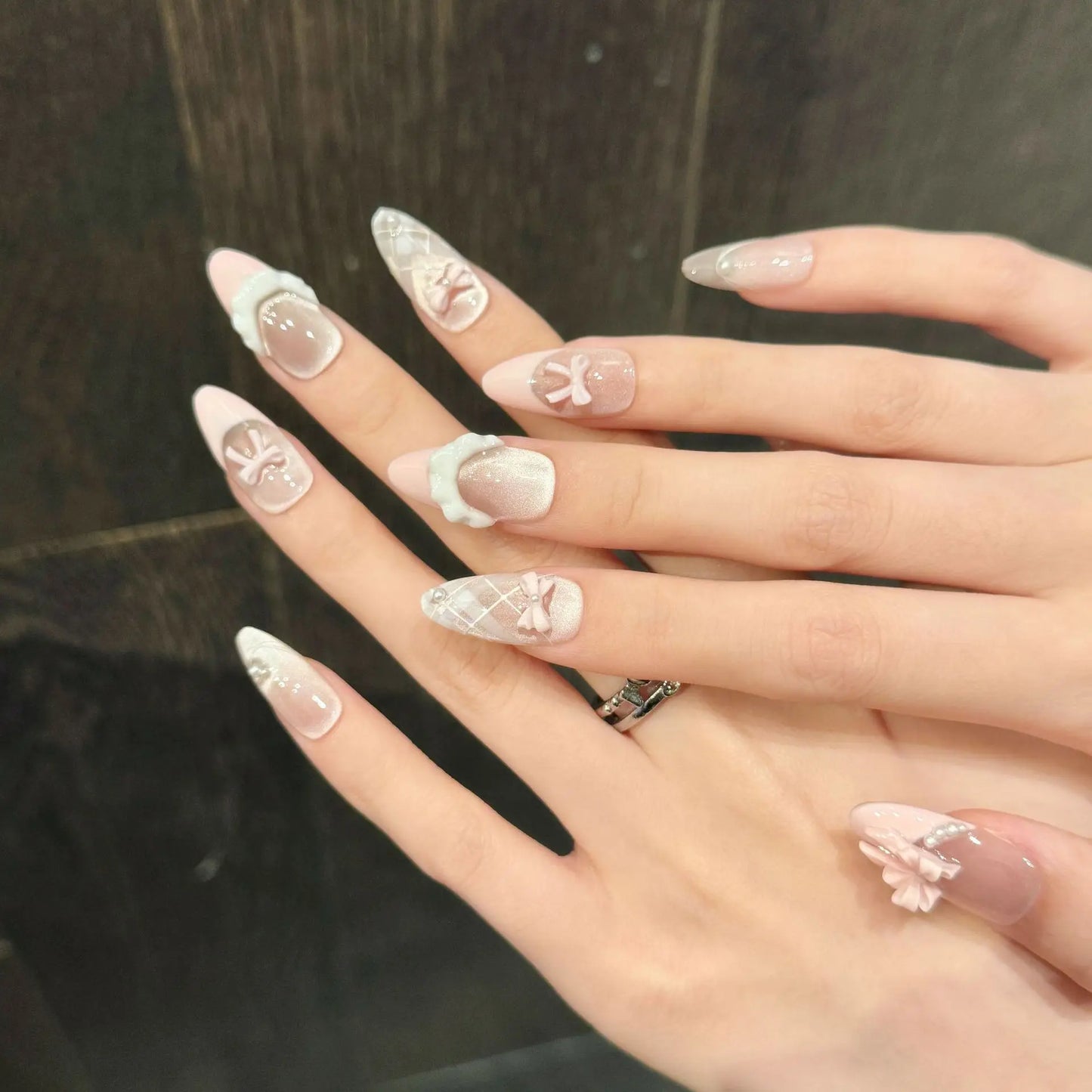 10 uñas postizas hechas a mano con ojo de gato francés, lazo rosa