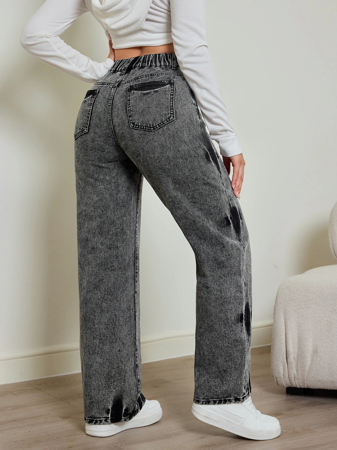 Contrast High Waist Straight Jeans
