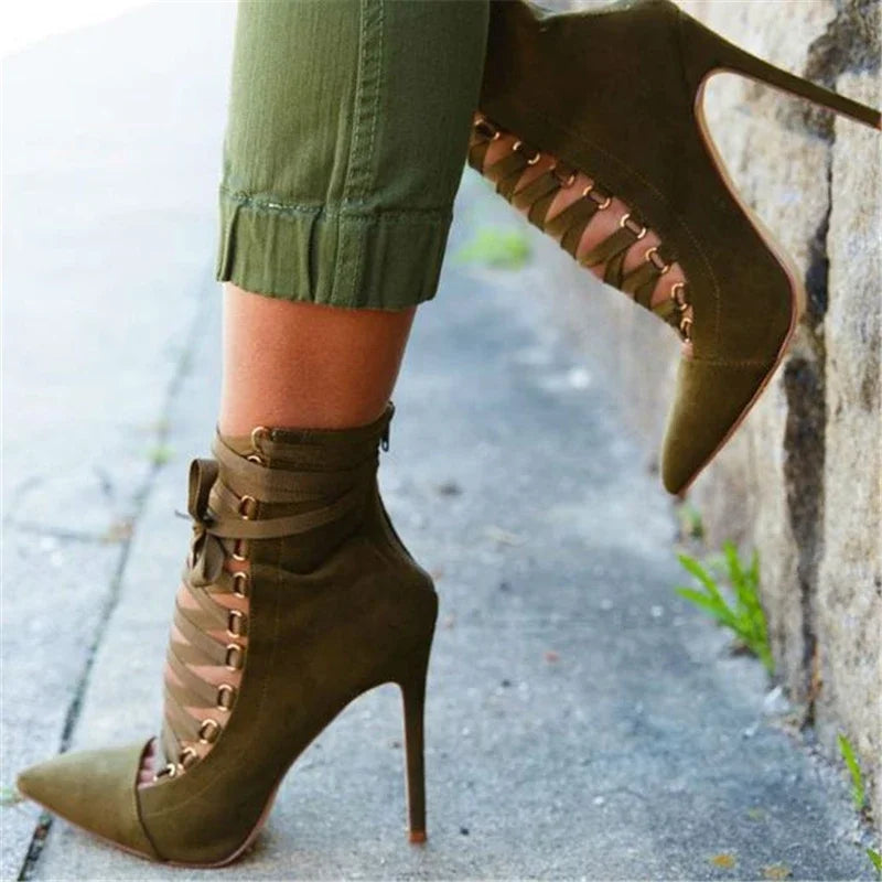 Flock Lace Up Thin High Heels