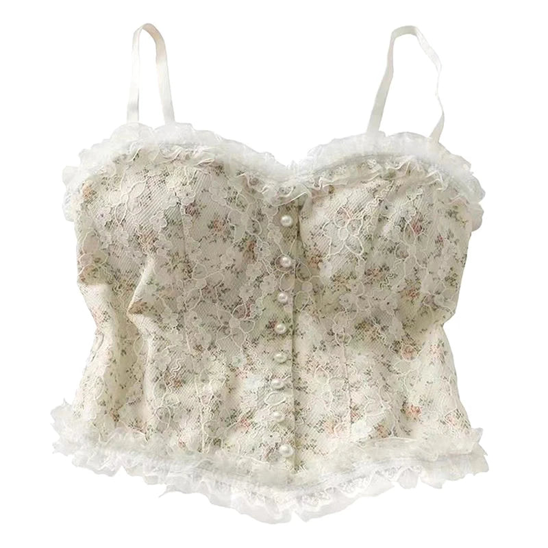 French Print Lace Cami Crop Tank Top