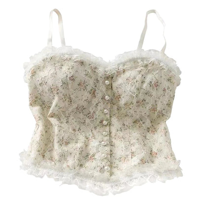 French Print Lace Cami Crop Tank Top