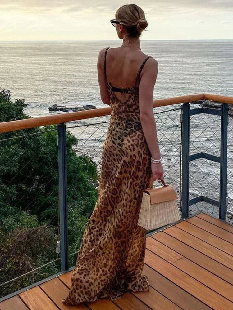 Suninheart Vestido de verano sexy transparente Maxi sin espalda con estampado de leopardo, vestido de playa transparente con cordones, elegante, hasta el suelo, para vacaciones