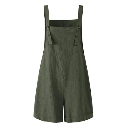 Sleeveless Square Collar Button Suspender Shorts