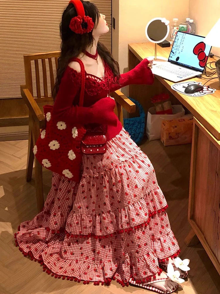 Strawberry Ruffles Plaid Long Skirt