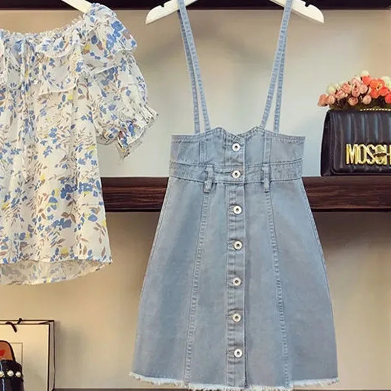 Conjunto de Vestido Vaquero con Tirantes y Camisa de Gasa