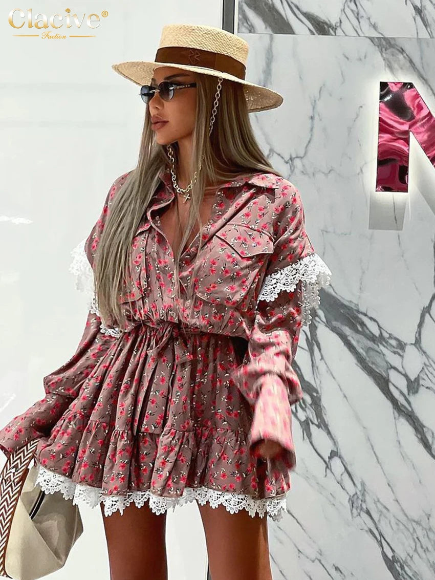 Clacive Vestido holgado con estampado para mujer, elegante vestido de oficina de manga larga con cordones, vestidos casuales con encaje fruncido para mujer
