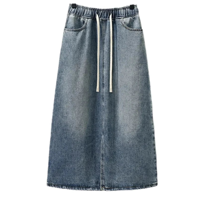 Drawstring Elastic Waist Split Denim Skirt