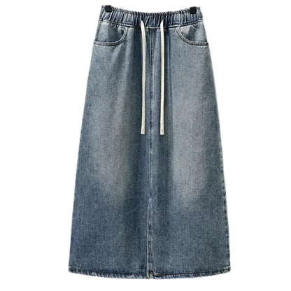 Drawstring Elastic Waist Split Denim Skirt
