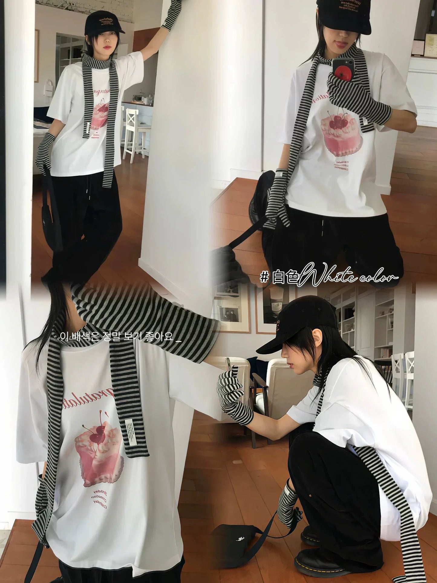Cherry Cream Cake Print Casual short-sleeved T-shirt