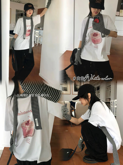 Cherry Cream Cake Print Casual short-sleeved T-shirt