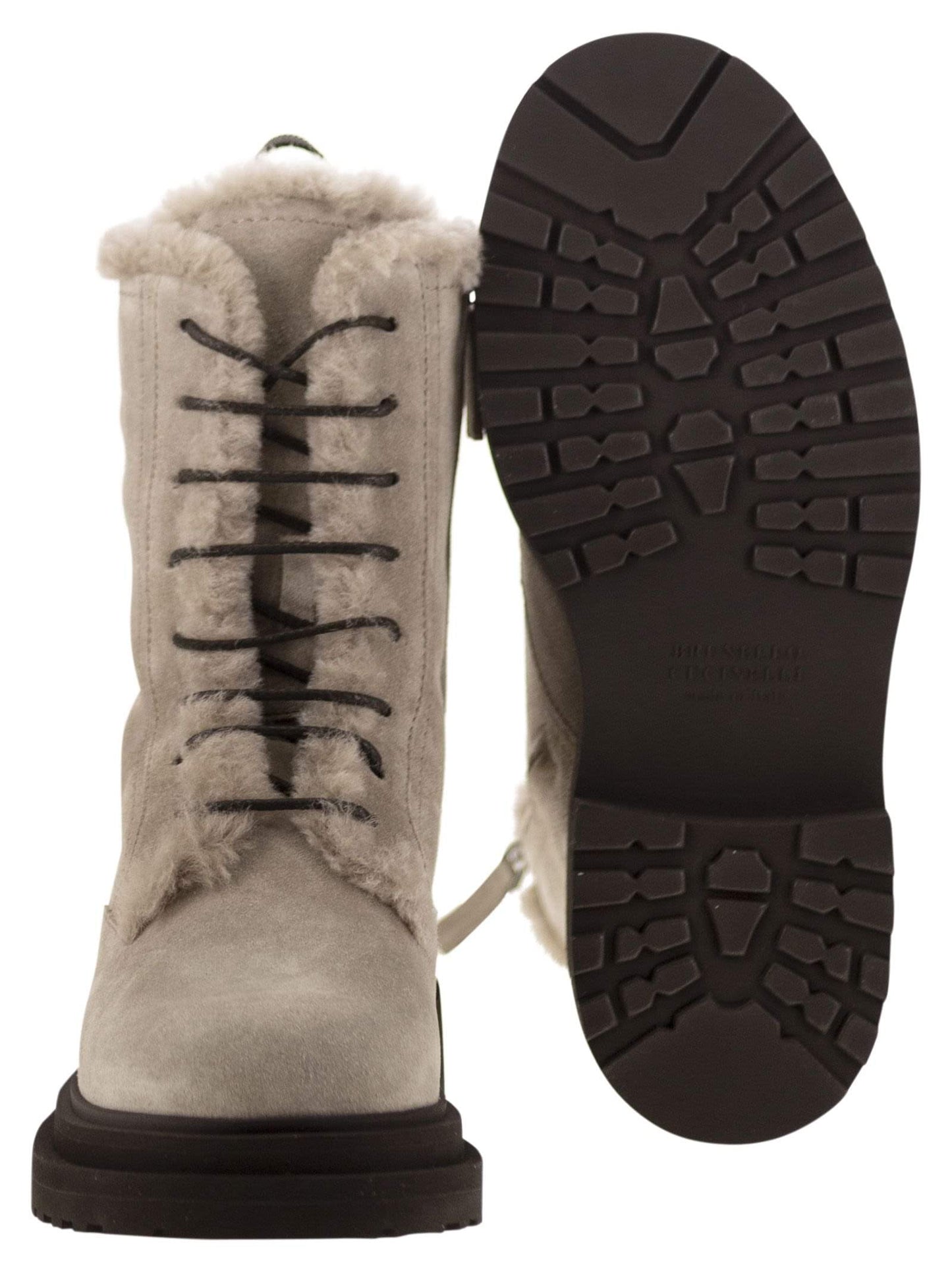 Brunello Cucinelli Women Suede Boot With Shearling Lining And Shiny Loop Detail
